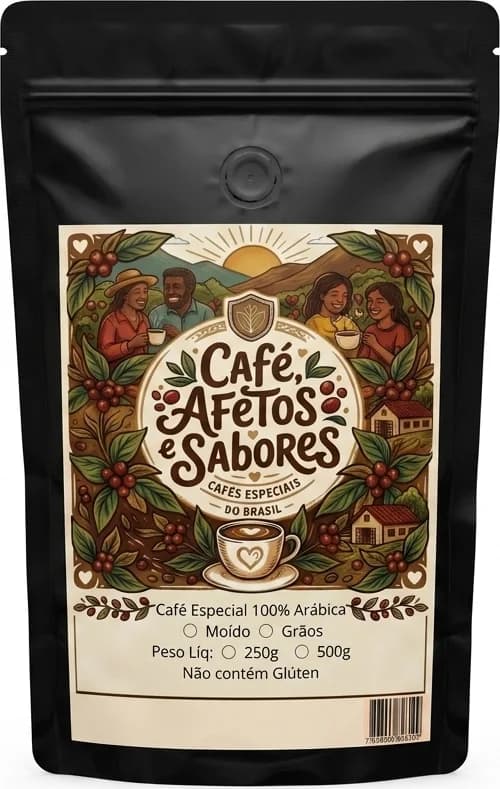 Pacote preto de 250 g do Arara, de frente, com o rótulo ilustrado da lavoura e a válvula de desgaseificação