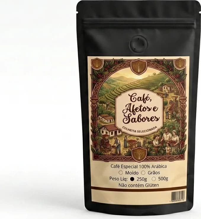 Pacote preto de 250 g do Moka, de frente, com o rótulo ilustrado da lavoura e a válvula de desgaseificação